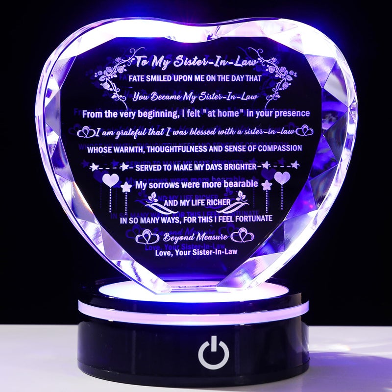 YWHL Sister in Law Gifts with Colorful LED Base Heart Crystal Keepsake for Sister in Law Birthday Gifts Ideas  Unique Christmas Thanksgiving Gifts Unbiological Bonus Sister Wedding Gift - Image 1