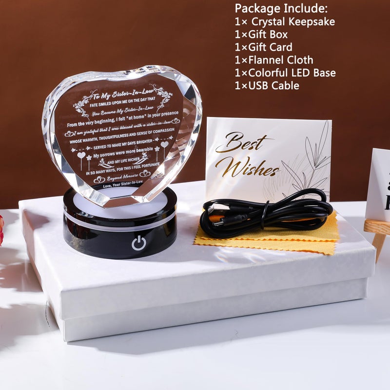 YWHL Sister in Law Gifts with Colorful LED Base Heart Crystal Keepsake for Sister in Law Birthday Gifts Ideas  Unique Christmas Thanksgiving Gifts Unbiological Bonus Sister Wedding Gift - Image 5