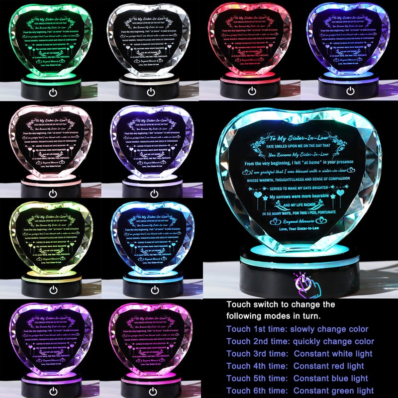 YWHL Sister in Law Gifts with Colorful LED Base Heart Crystal Keepsake for Sister in Law Birthday Gifts Ideas  Unique Christmas Thanksgiving Gifts Unbiological Bonus Sister Wedding Gift - Image 2