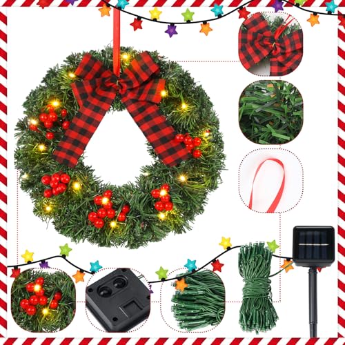 Cinnvoice Christmas Wreath Set of 3 Artificial Wreath Fence Wreath with Solar Lighted String Berry and Pine Needles Christmas Outdoor Decoration for Xmas Winter Decor Yard Stairs - Image 3