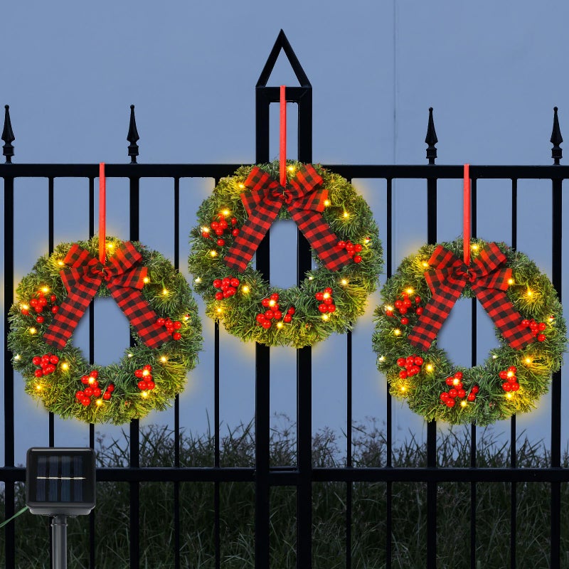 Cinnvoice Christmas Wreath Set of 3 Artificial Wreath Fence Wreath with Solar Lighted String Berry and Pine Needles Christmas Outdoor Decoration for Xmas Winter Decor Yard Stairs - Image 2