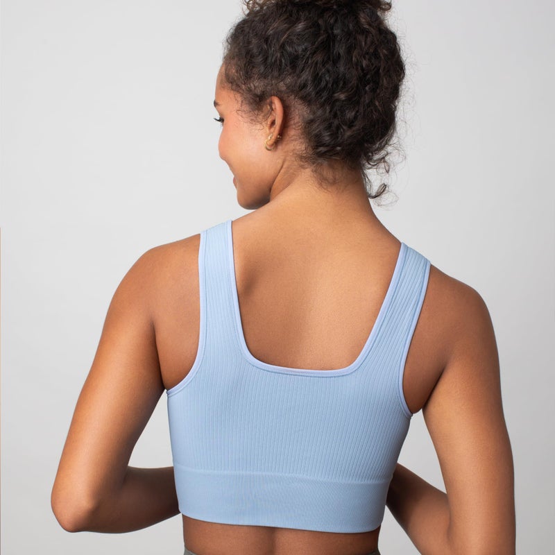 Floatley Seamlessly Square Neck Longline Easy Pullover Medium Impact Sports Bra Comfort Wirefree with Embedded Pads for Women Faded Denim - Image 3