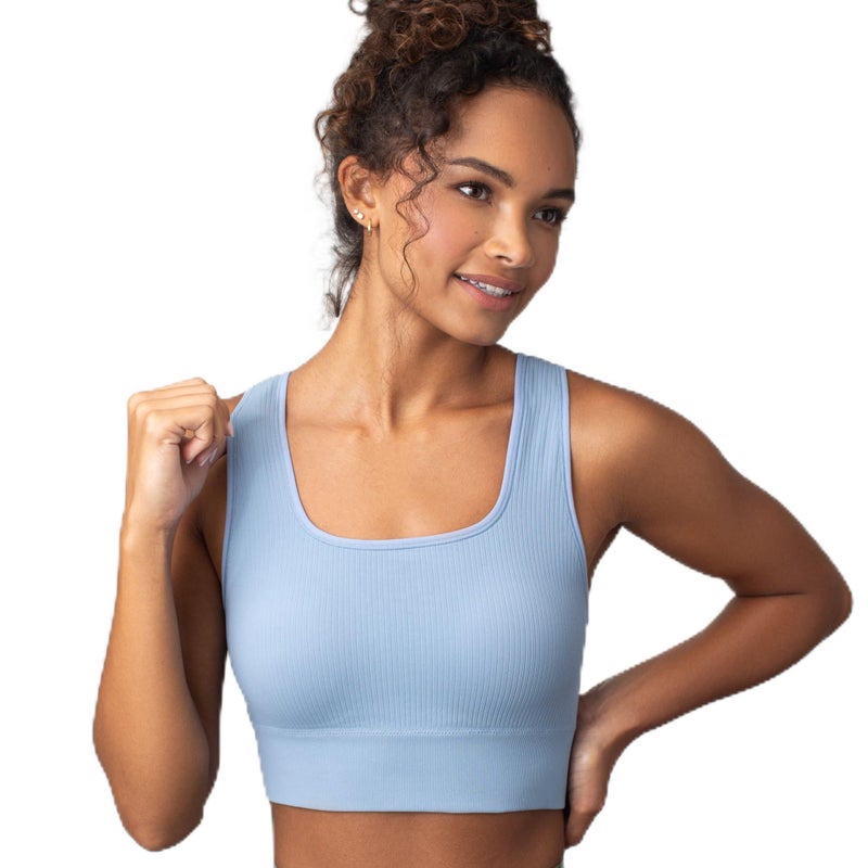 Floatley Seamlessly Square Neck Longline Easy Pullover Medium Impact Sports Bra Comfort Wirefree with Embedded Pads for Women Faded Denim - Image 1