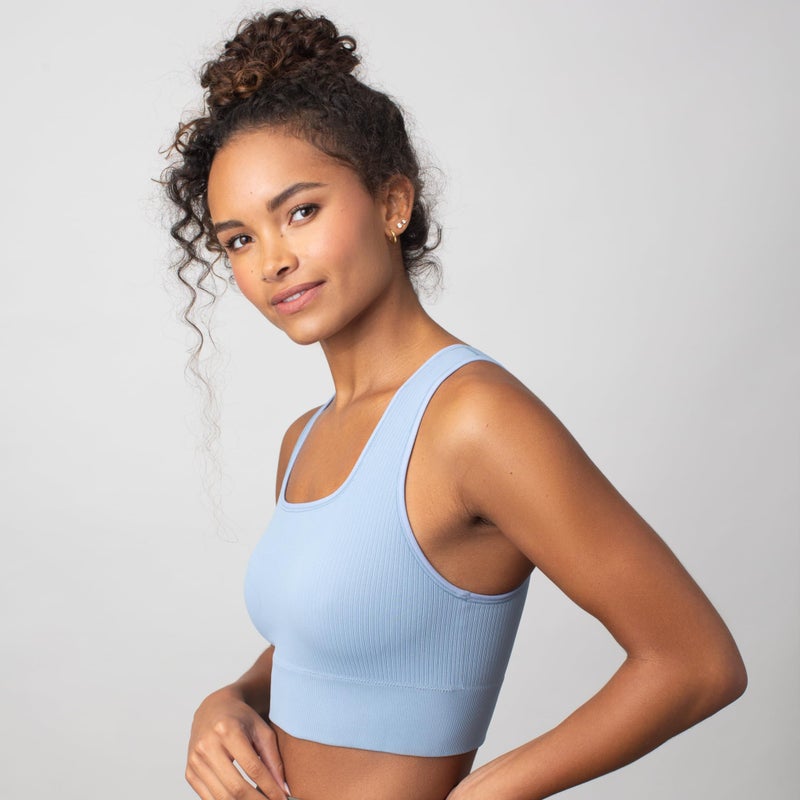 Floatley Seamlessly Square Neck Longline Easy Pullover Medium Impact Sports Bra Comfort Wirefree with Embedded Pads for Women Faded Denim - Image 2