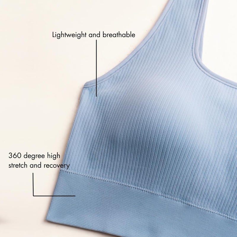 Floatley Seamlessly Square Neck Longline Easy Pullover Medium Impact Sports Bra Comfort Wirefree with Embedded Pads for Women Faded Denim - Image 4