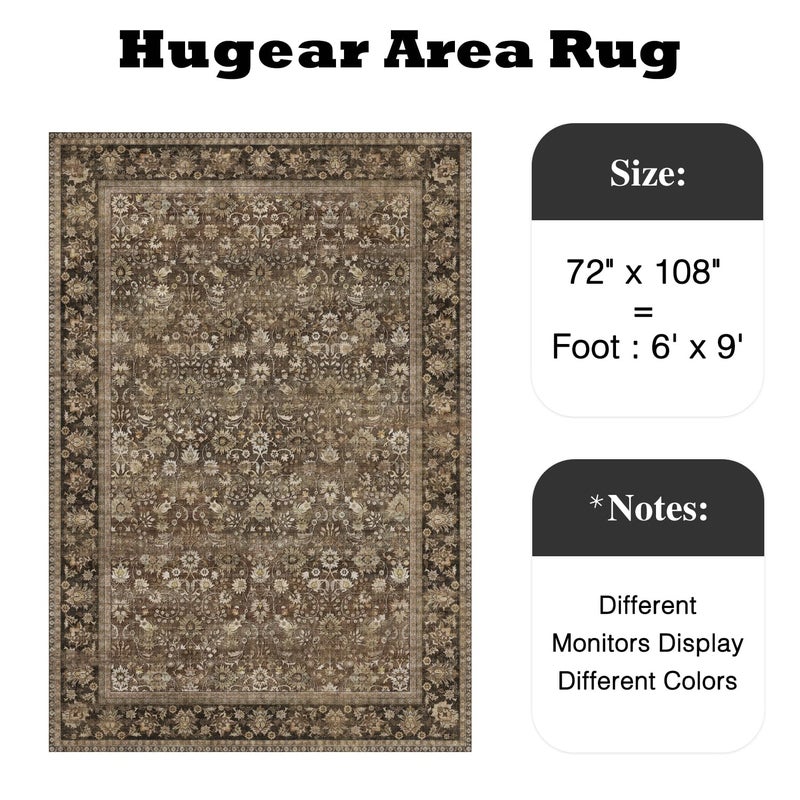 HUGEAR 6x9 Machine Washable Rugs Brown Hallway Large Area Rug Indoor Accent Rug Floral Low Pile Carpet Soft Throw Aesthetic Rug Bedroom Living Room Office Dining Room Kitchen Laundry Room - Image 2