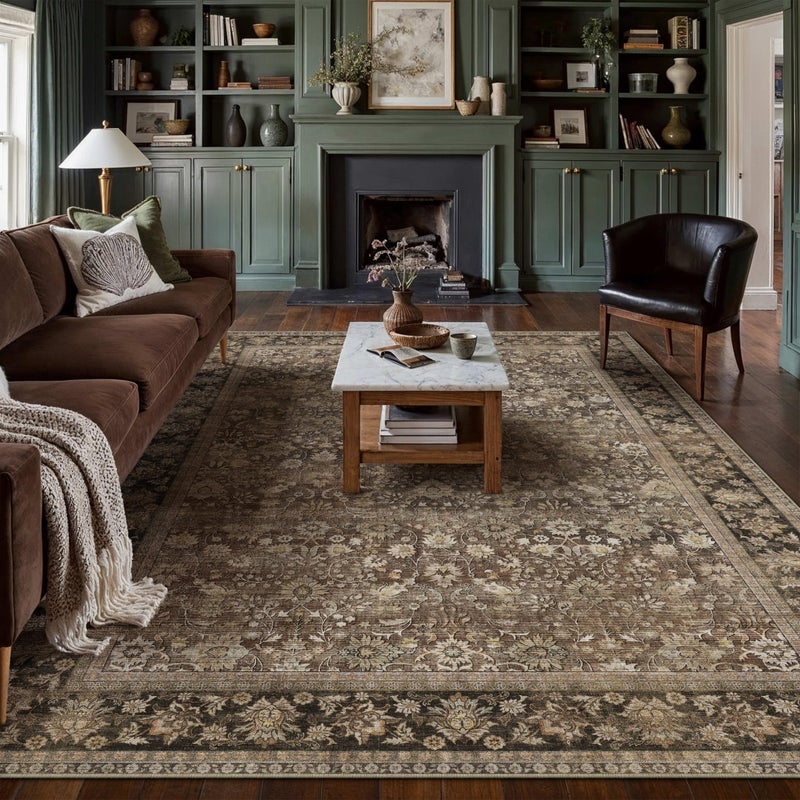 HUGEAR 6x9 Machine Washable Rugs Brown Hallway Large Area Rug Indoor Accent Rug Floral Low Pile Carpet Soft Throw Aesthetic Rug Bedroom Living Room Office Dining Room Kitchen Laundry Room - Image 3