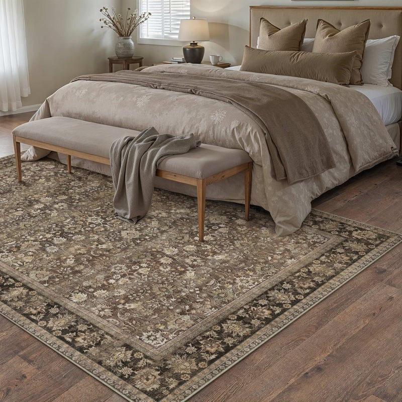HUGEAR 6x9 Machine Washable Rugs Brown Hallway Large Area Rug Indoor Accent Rug Floral Low Pile Carpet Soft Throw Aesthetic Rug Bedroom Living Room Office Dining Room Kitchen Laundry Room - Image 4