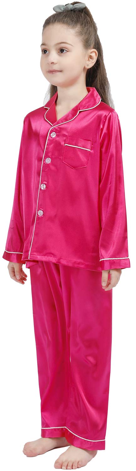 OEIU Kid Silky Satin Pajamas Set for Girls Boys pj Set Sleepwear Button-up Lounge Sets Nightwear Rose 140 - Image 2