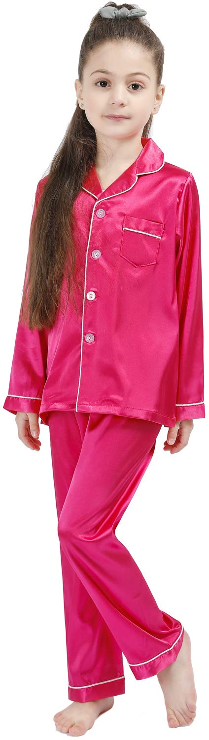 OEIU Kid Silky Satin Pajamas Set for Girls Boys pj Set Sleepwear Button-up Lounge Sets Nightwear Rose 140 - Image 5