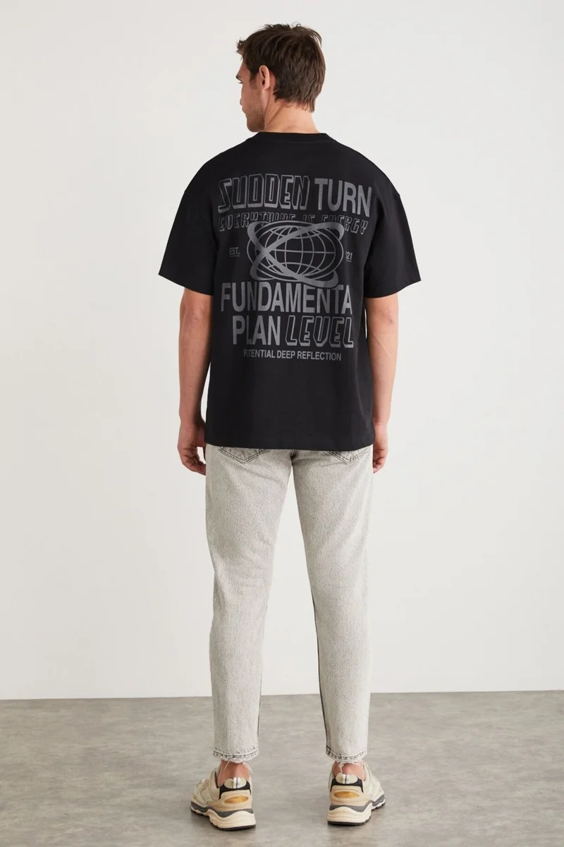 GRIMELANGE Apolo Men's Back Print Detail Oversize 100% Organic Cotton Knitted Short Sleeve Black T-shirt