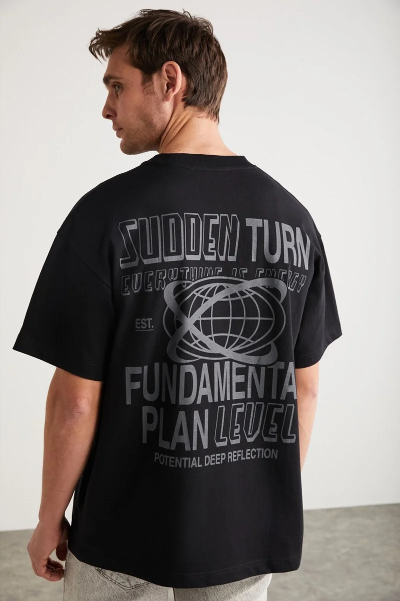 GRIMELANGE Apolo Men's Back Print Detail Oversize 100% Organic Cotton Knitted Short Sleeve Black T-shirt