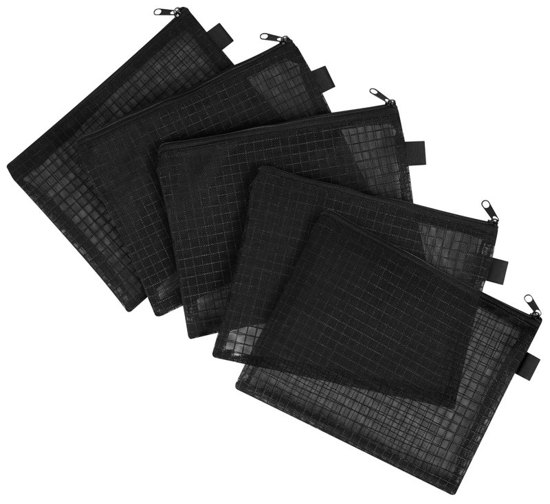 Sun Life Style Mesh Zipper Bags Nylon Pouches 6x8 for Travel Accessories Cables Cosmetics Office Supplies See Through Organizer (Set of 5, 6 x 8 Inch, Black) - Image 1