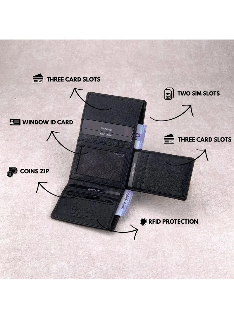 Classic Milano Black (GTF-10-EM) Classic Milano Men’s Wallet – Slim Bifold Leather Wallet for Men with RFID Blocking, Multiple Card Slots & Middle Zip – Stylish Mens Purse Wallets Gift for Husband, Father for Men | Best Price UAE