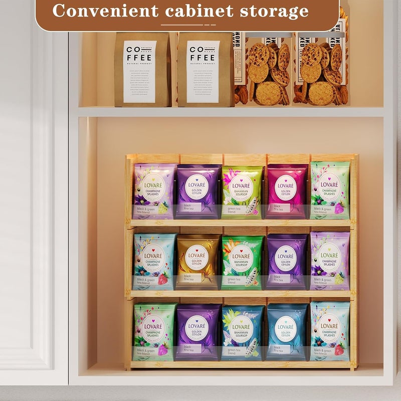 Xcosrack Bamboo Tea Bag Organizer Storage Box, 3 Tier Stackable Tea Bag Box Natural Wood, Wall Mount Tea Chests with Acrylic for tea bags Office Kitchen Cabinet Pantry - Image 4