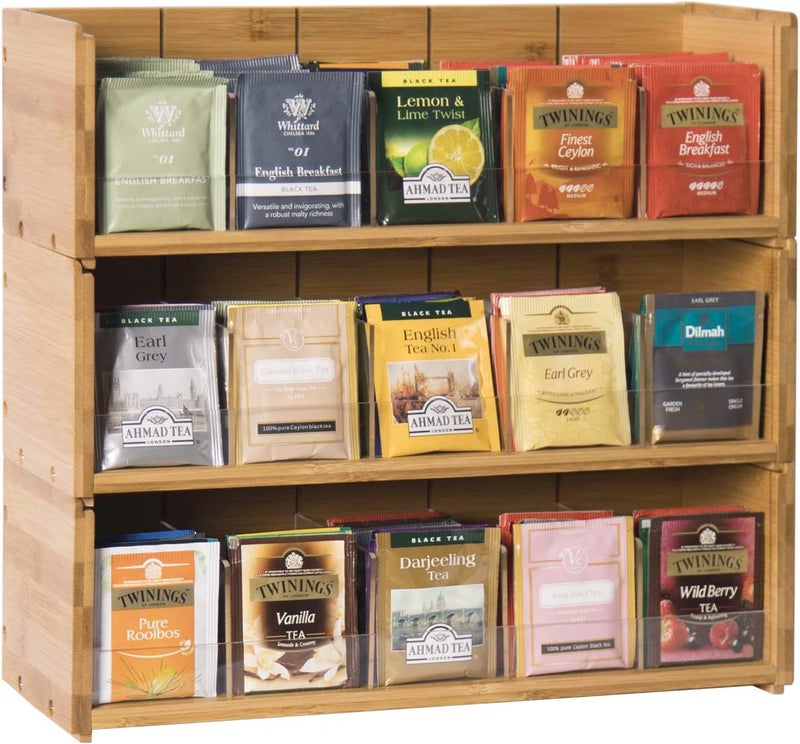 Xcosrack Bamboo Tea Bag Organizer Storage Box, 3 Tier Stackable Tea Bag Box Natural Wood, Wall Mount Tea Chests with Acrylic for tea bags Office Kitchen Cabinet Pantry - Image 1