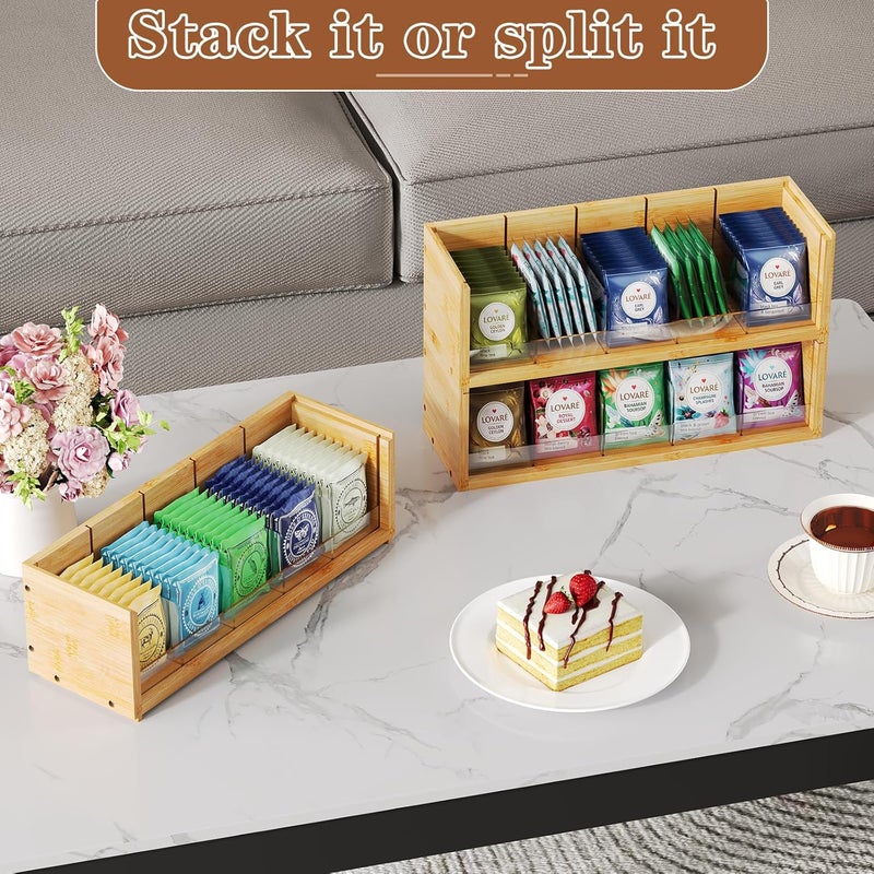 Xcosrack Bamboo Tea Bag Organizer Storage Box, 3 Tier Stackable Tea Bag Box Natural Wood, Wall Mount Tea Chests with Acrylic for tea bags Office Kitchen Cabinet Pantry - Image 3