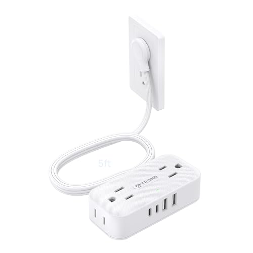 TROND Flat Plug Power Strip 5FT, Small Flat Extension Cord with Multiple Outlets, 4 AC and 4 USB Ports (2 USB C), Wall Mount 900J Surge Protector for Home Office Travel Dorm Room Essentials, White - Image 1