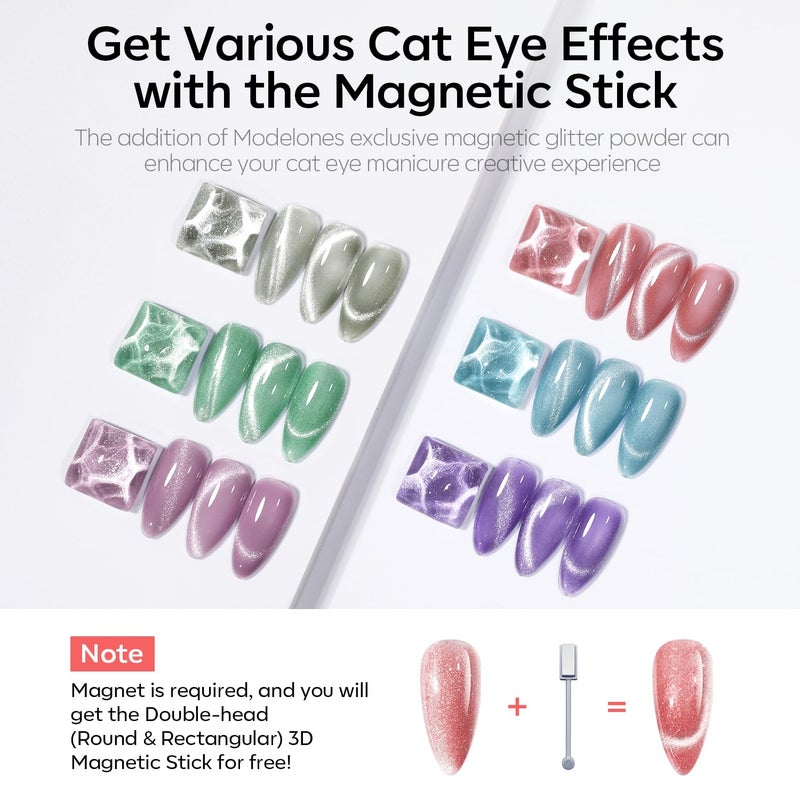 modelones Cat Eye Gel Nail Polish 6 Colors Red Green Silver Purple Blue Glitter Cat Eye Gel Polish Holographic 9D Semi-transparent With Magnet Soak Off Led Nail Art DIY Salon Gifts For Women Girl - Image 2