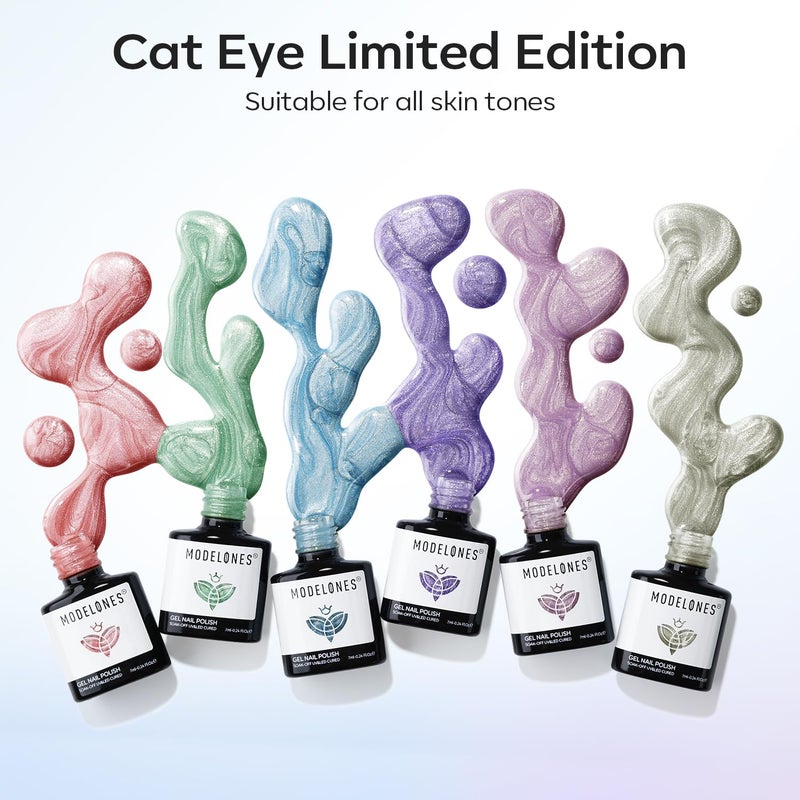 modelones Cat Eye Gel Nail Polish 6 Colors Red Green Silver Purple Blue Glitter Cat Eye Gel Polish Holographic 9D Semi-transparent With Magnet Soak Off Led Nail Art DIY Salon Gifts For Women Girl - Image 4