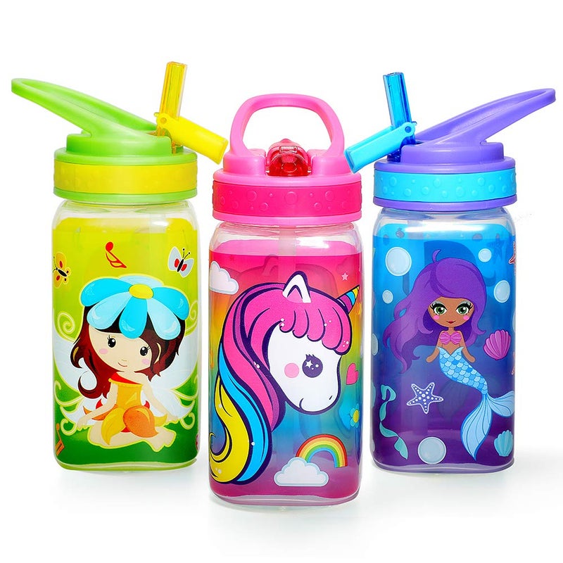 Home Tune 15oz Kids Water Drinking Bottle - BPA Free  Wide Mouth  Flip Sip Top  Easy Open  Lightweight  Leak-Proof  Cute Design For Girls & Boys - 3 Pack Unicorn & Fairy & Mermaid - Image 1