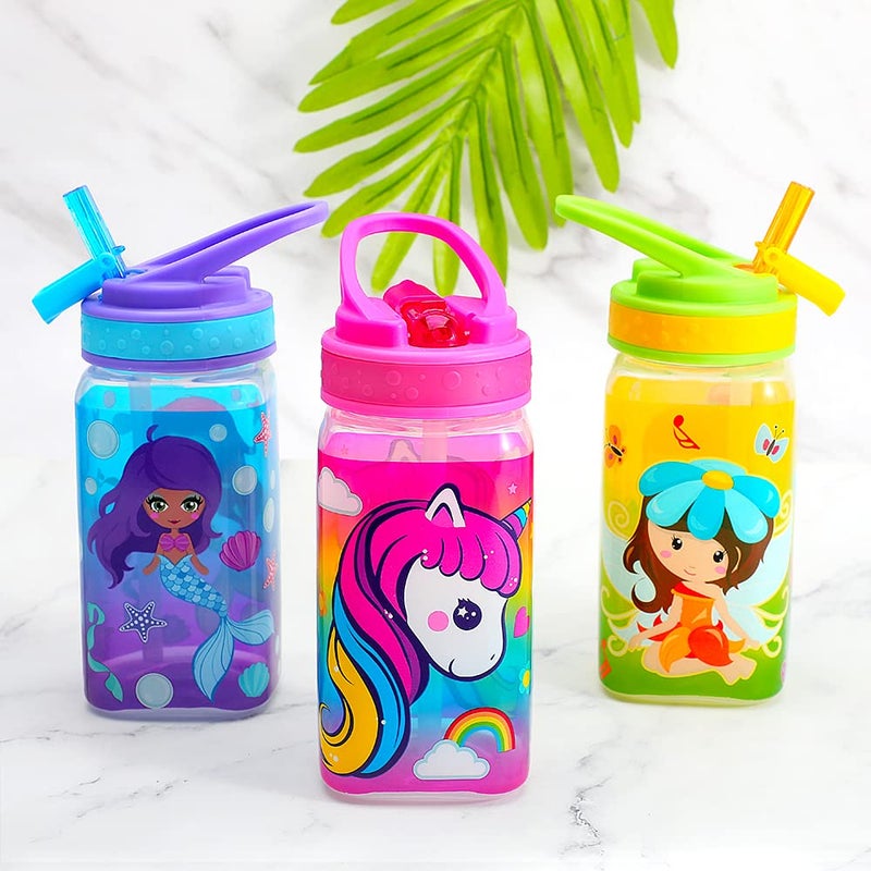 Home Tune 15oz Kids Water Drinking Bottle - BPA Free  Wide Mouth  Flip Sip Top  Easy Open  Lightweight  Leak-Proof  Cute Design For Girls & Boys - 3 Pack Unicorn & Fairy & Mermaid - Image 2