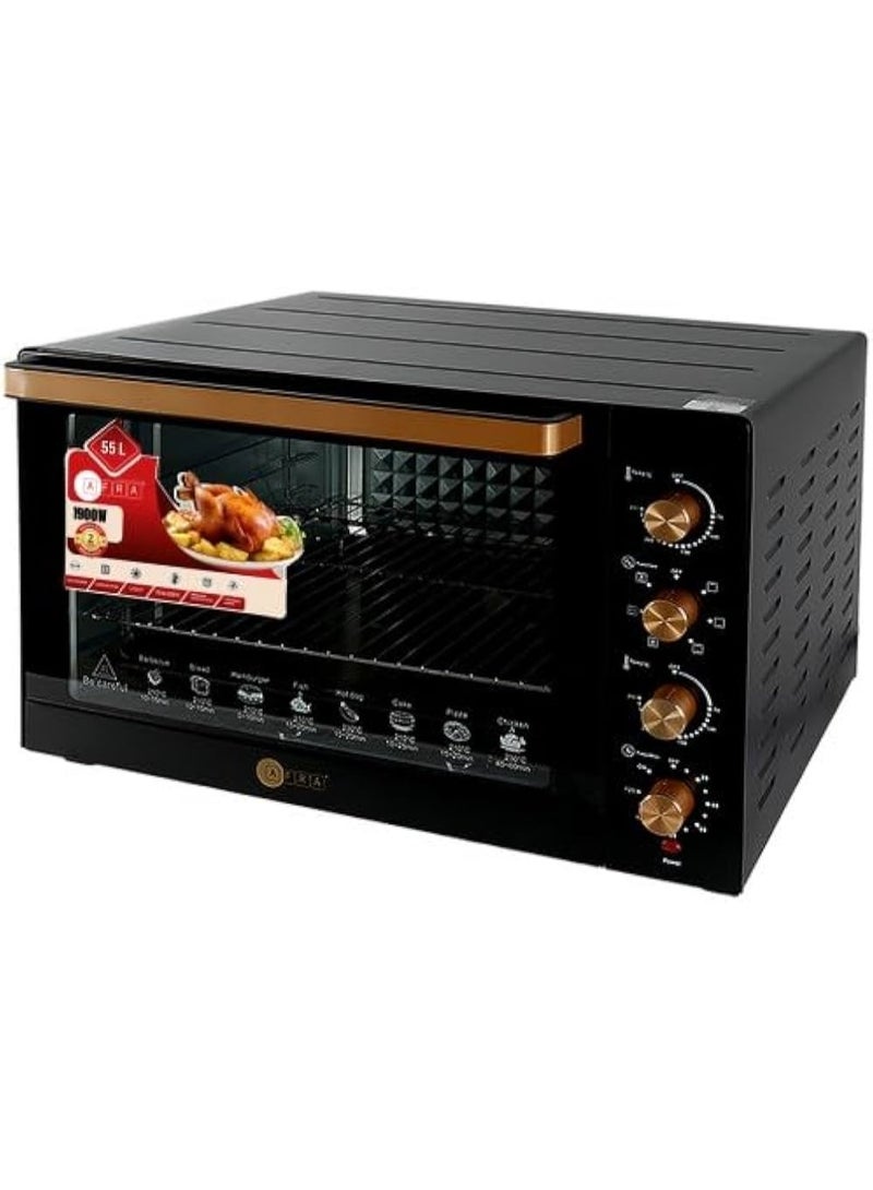 AFRA 55L ELECTRIC OVEN TOASTER 1900W CONVECTION ROTISSERIE & OVEN LAMP, 4 KNOBS TRAY, RACK, HANDLE 55 L 1900 W AF-5519OTBK BLACK - Image 5