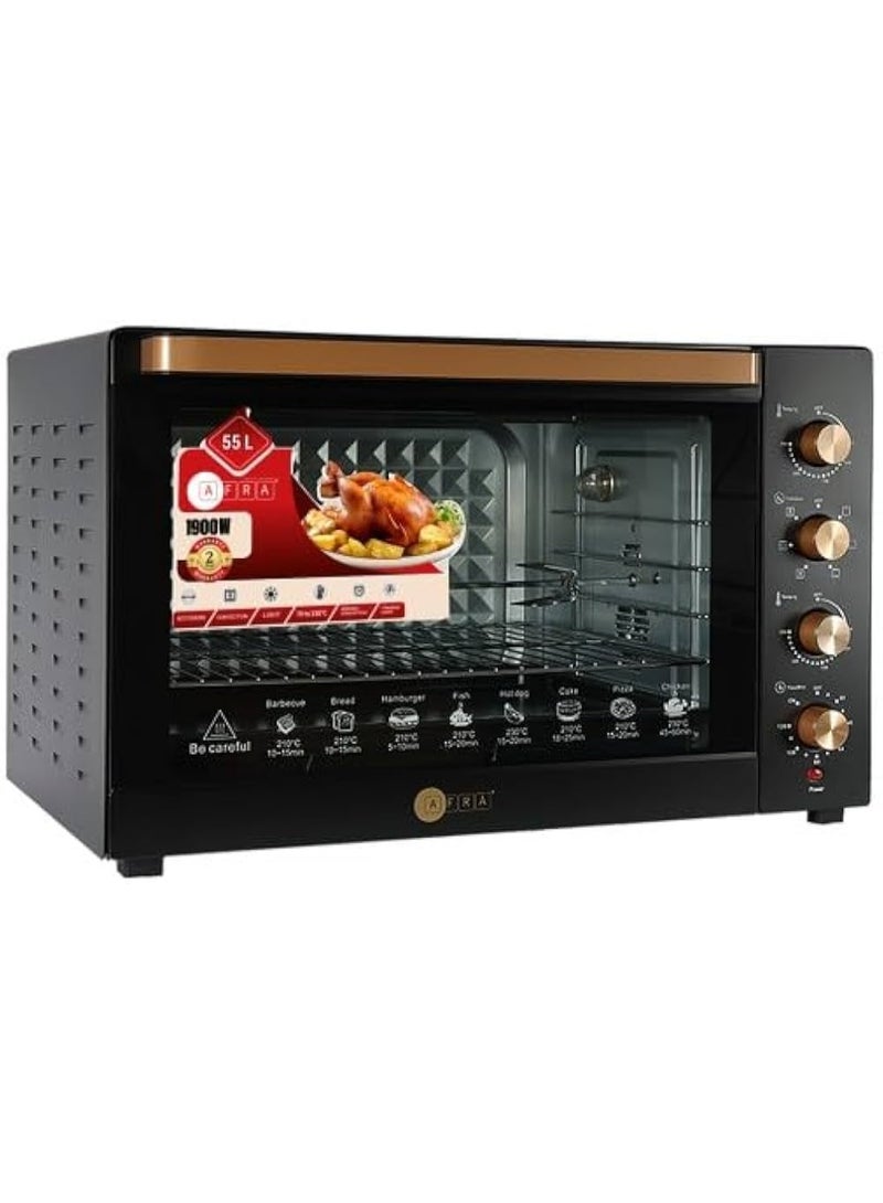 AFRA 55L ELECTRIC OVEN TOASTER 1900W CONVECTION ROTISSERIE & OVEN LAMP, 4 KNOBS TRAY, RACK, HANDLE 55 L 1900 W AF-5519OTBK BLACK - Image 2