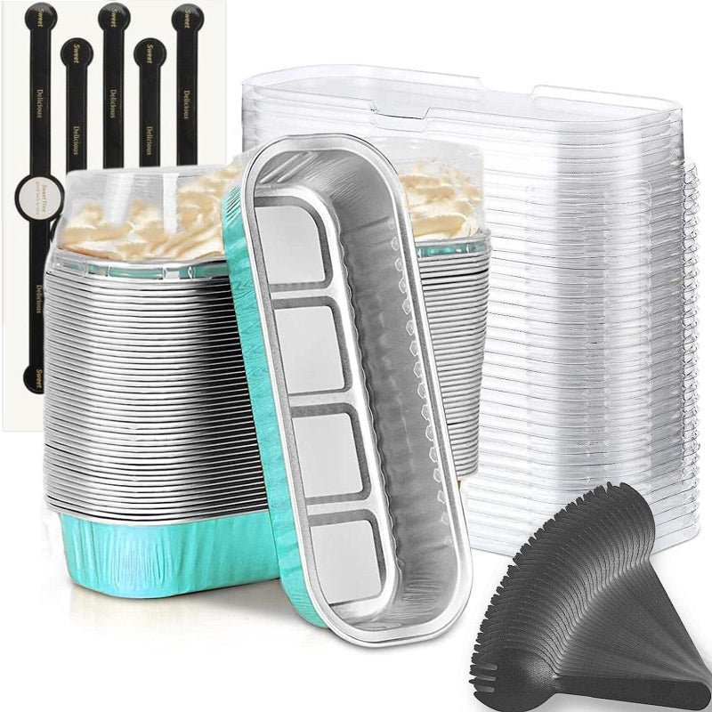 Findful Mini Loaf Baking Pans with Lids and Spoons (50 Pack, 6.8oz) Rectangle Aluminum Foil Baking Pans Tins Containers - Cupcake Containers Wrappers Cheesecake Creme Brulee Ramekins - Image 1