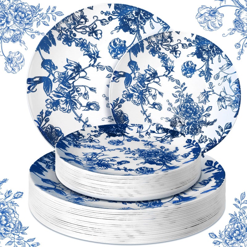 Suclain 60 Pcs Blue and White Floral Plastic Plates Wedding Party Decoration Bulk Serves as 9 7 Dessert Dinner Disposable Plastic Plates for Bridal Shower