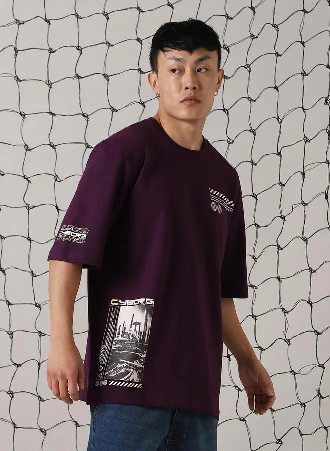 Hubberholme Men's Purple 100% Cotton Printed Oversized T-Shirt