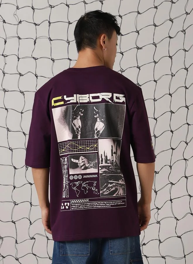 Hubberholme Men's Purple 100% Cotton Printed Oversized T-Shirt