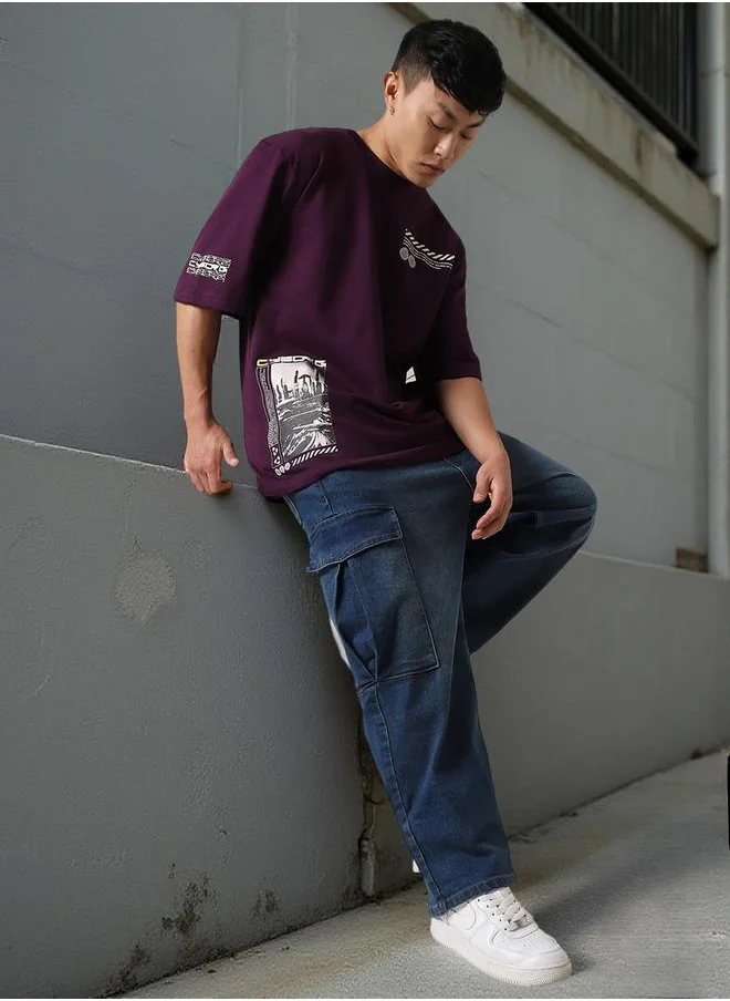 Hubberholme Men's Purple 100% Cotton Printed Oversized T-Shirt