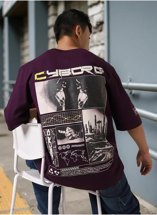 Hubberholme Men's Purple 100% Cotton Printed Oversized T-Shirt