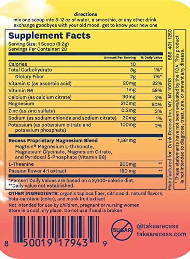 RECESS مسحوق المزاج، مزيج مهدئ من المغنيسيوم L-Threonate مع زهرة العاطفة، L-Theanine، الإلكتروليتات، مسحوق دعم المغنيسيوم الهادئ - نكهة الليمون الحمضية 28 حصة - Image 3