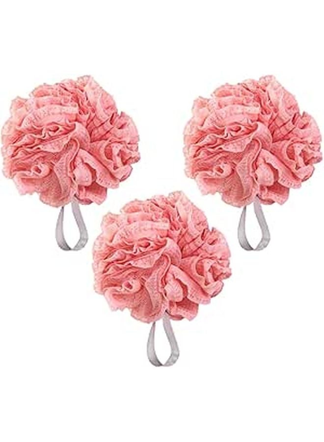 Red Lace Bath Mesh Pouf 3 Pack Exfoliating Scrubber Sponge Body Wash Ball - Image 1