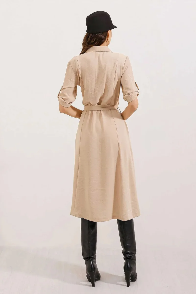 Big Dart Beige Natural BDART Textured Midi Dress with Bow for Women | Best Price UAE