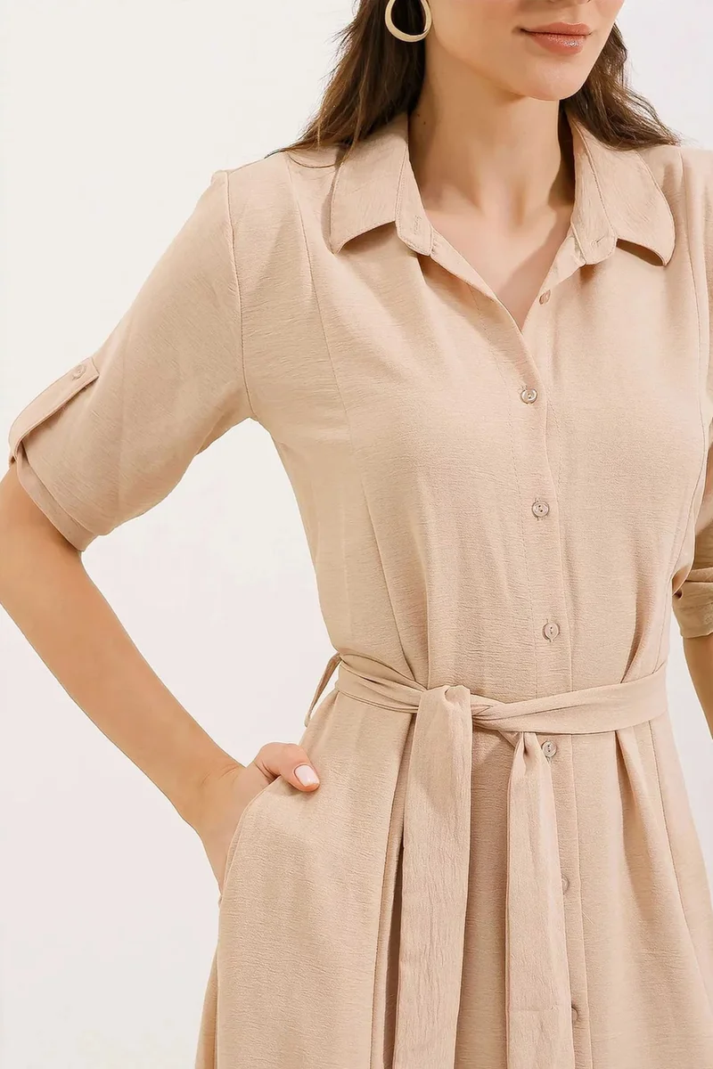 Big Dart Beige Natural BDART Textured Midi Dress with Bow for Women | Best Price UAE