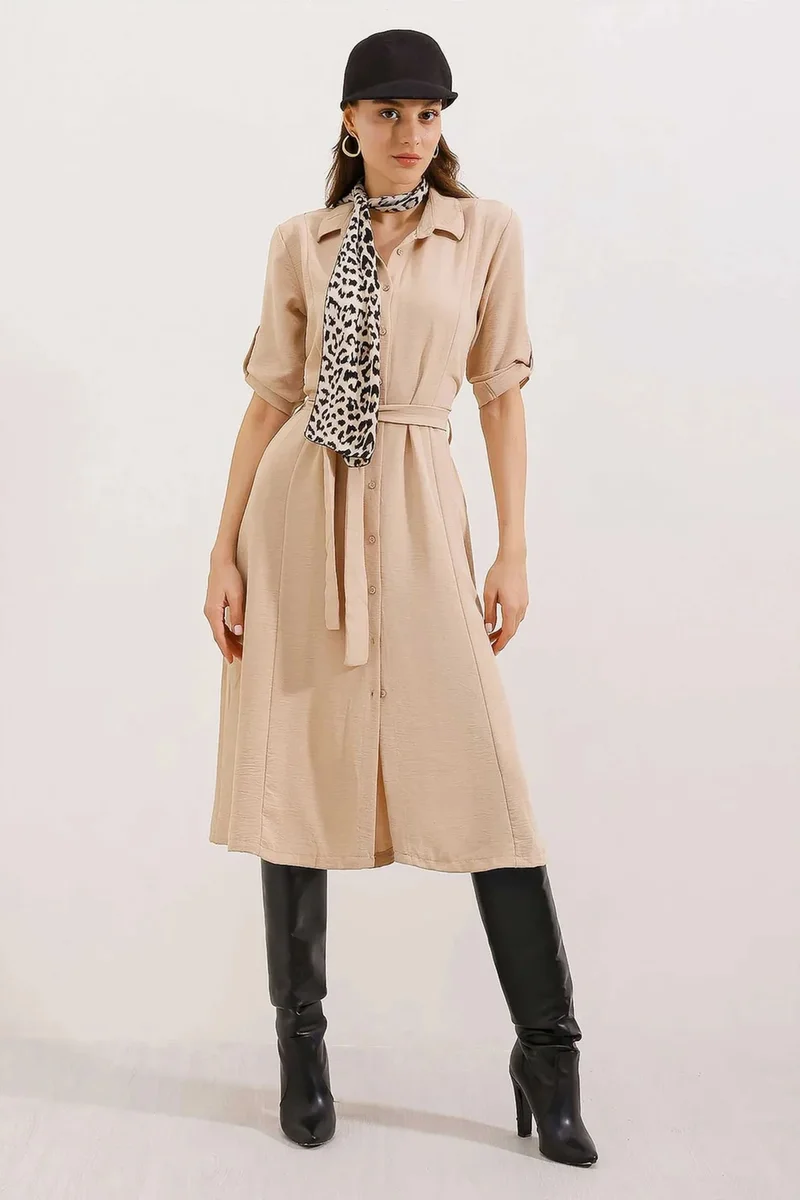 Big Dart Beige Natural BDART Textured Midi Dress with Bow for Women | Best Price UAE