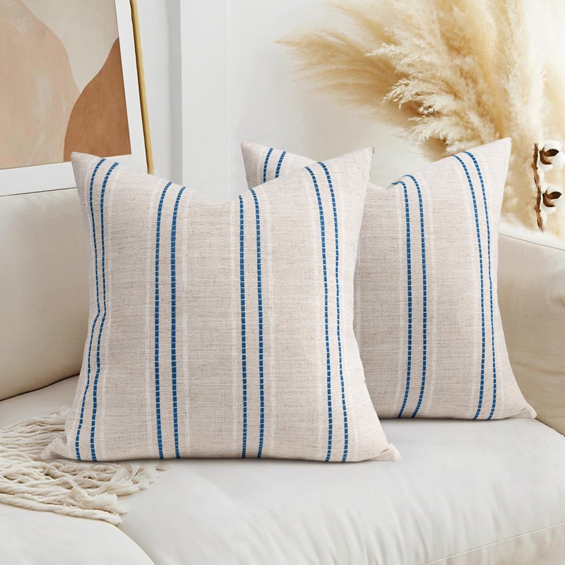 AELS 18x18 Decorative Farmhouse Linen Throw Pillow Covers Boho Textured Pillow Case Set of 2Beige with White  Navy Blue Stitch Yarn Dyed Stripe Cushion Cover for Sofa Couch Living RoomCover ONLY