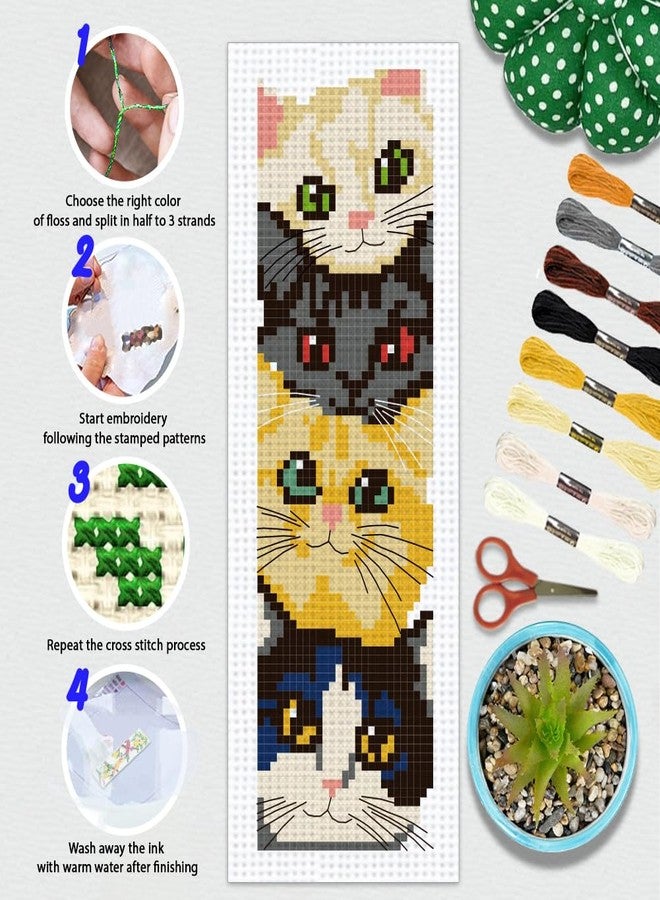 BEUNITONE 6 PCS Cute Cat Pre-Printed Cross Stitch Bookmarks, Cross Stitch Kits for Adults Beginners, DIY Stamped Hand Embroidery Kits, Exquisite Bookmark Kit for Women and Book Lovers 8.5''x3'' - Image 4