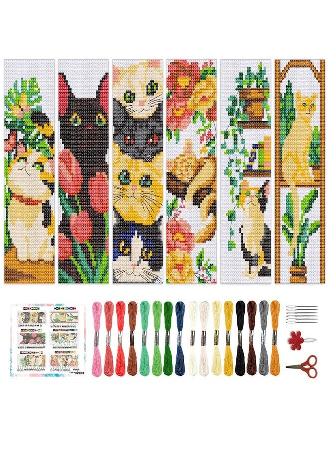 BEUNITONE 6 PCS Cute Cat Pre-Printed Cross Stitch Bookmarks, Cross Stitch Kits for Adults Beginners, DIY Stamped Hand Embroidery Kits, Exquisite Bookmark Kit for Women and Book Lovers 8.5''x3'' - Image 1
