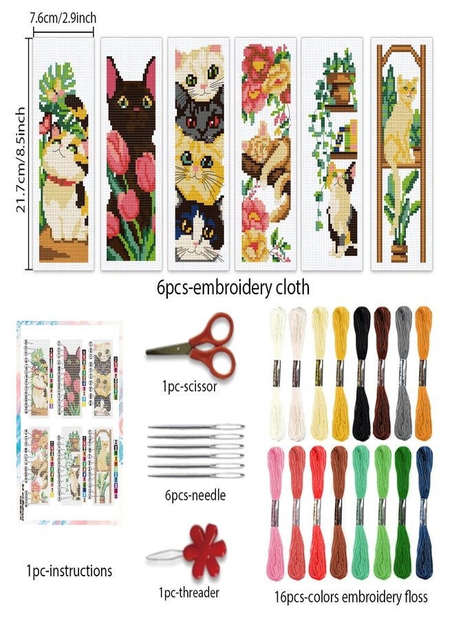 BEUNITONE 6 PCS Cute Cat Pre-Printed Cross Stitch Bookmarks, Cross Stitch Kits for Adults Beginners, DIY Stamped Hand Embroidery Kits, Exquisite Bookmark Kit for Women and Book Lovers 8.5''x3'' - Image 2