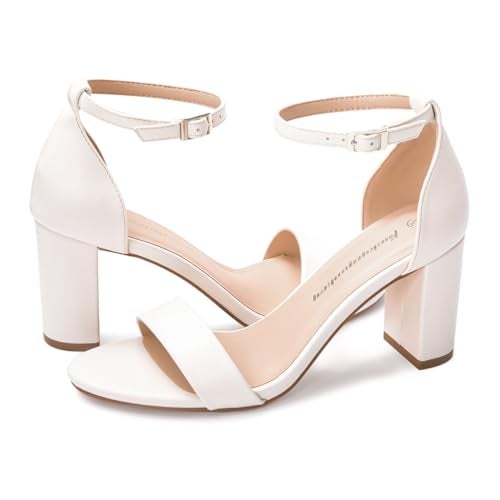 FUNKYMONKEY Women's Chunky High Heels Sandals,Two Strap Open Toe Ankle Strap Heeled Sandal,Party Wedding Strappy Buckle Sandals(9 M US, White) - Image 5