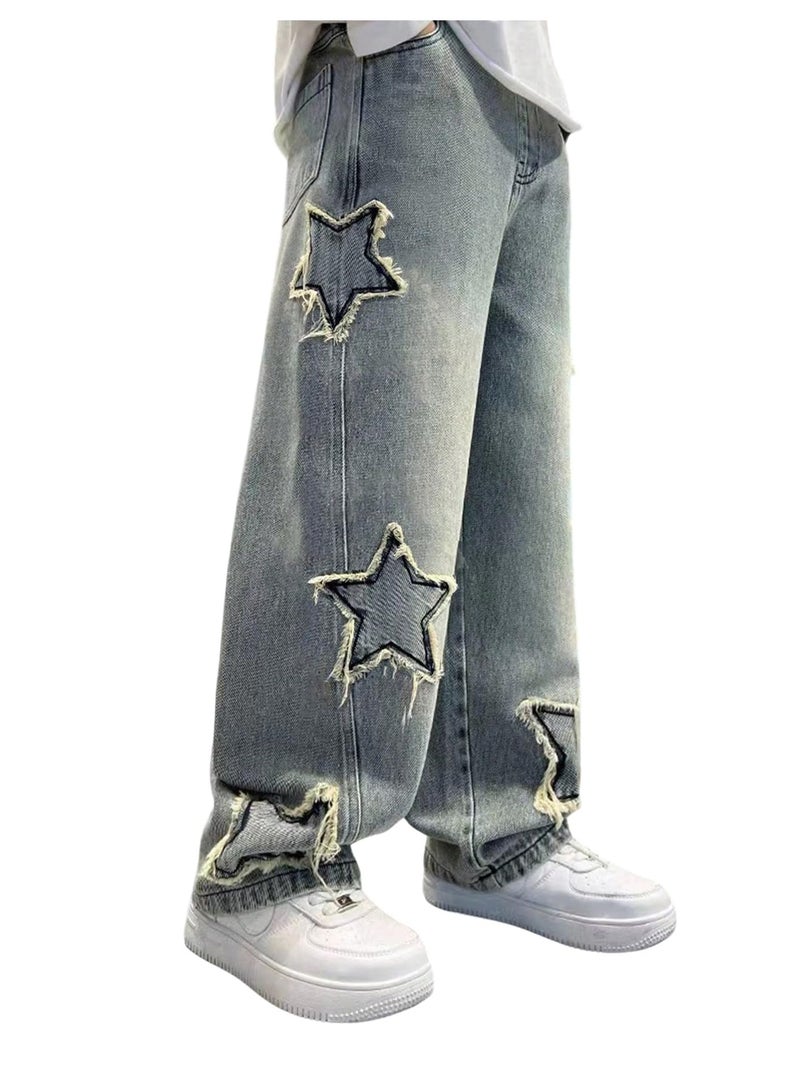 SHENHE Boy's Star Baggy Jeans Teen Boys Straight Wide Leg Denim Pants with Pockets Light Wash 12-13Y - Image 1