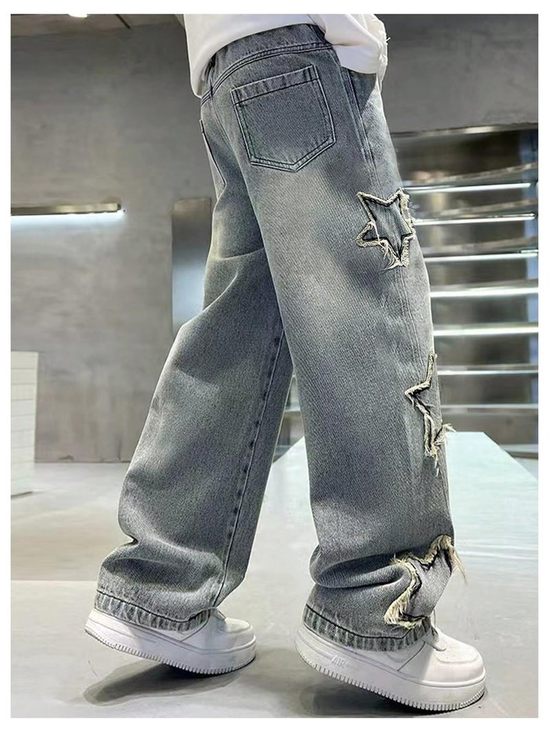 SHENHE Boy's Star Baggy Jeans Teen Boys Straight Wide Leg Denim Pants with Pockets Light Wash 12-13Y - Image 3