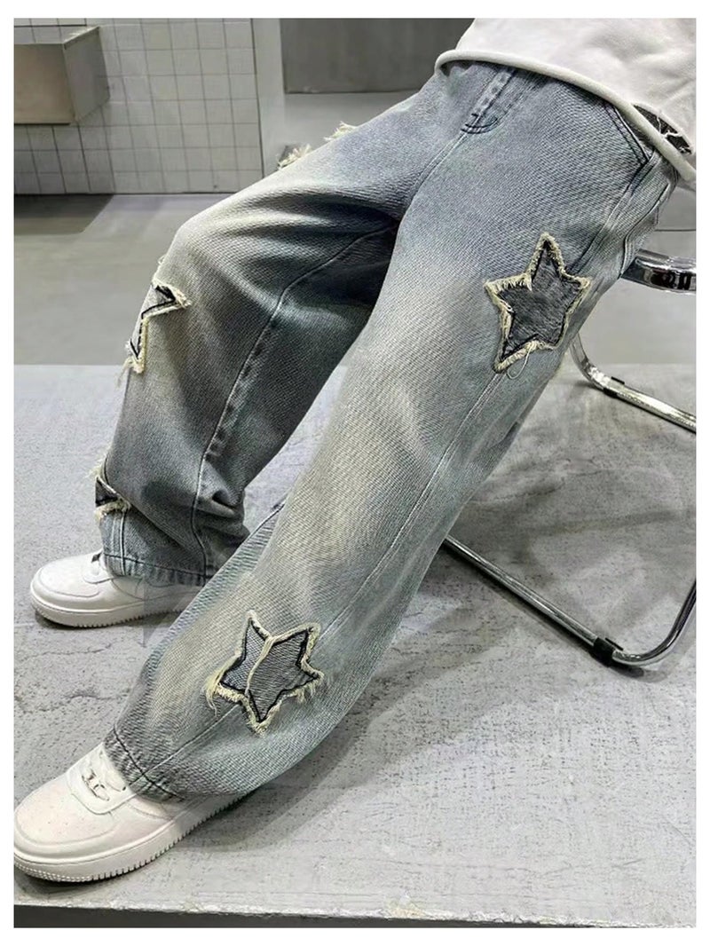 SHENHE Boy's Star Baggy Jeans Teen Boys Straight Wide Leg Denim Pants with Pockets Light Wash 12-13Y - Image 5