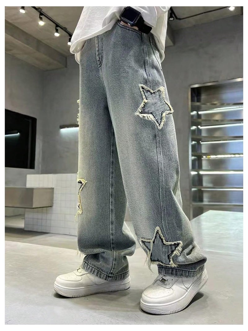 SHENHE Boy's Star Baggy Jeans Teen Boys Straight Wide Leg Denim Pants with Pockets Light Wash 12-13Y - Image 2