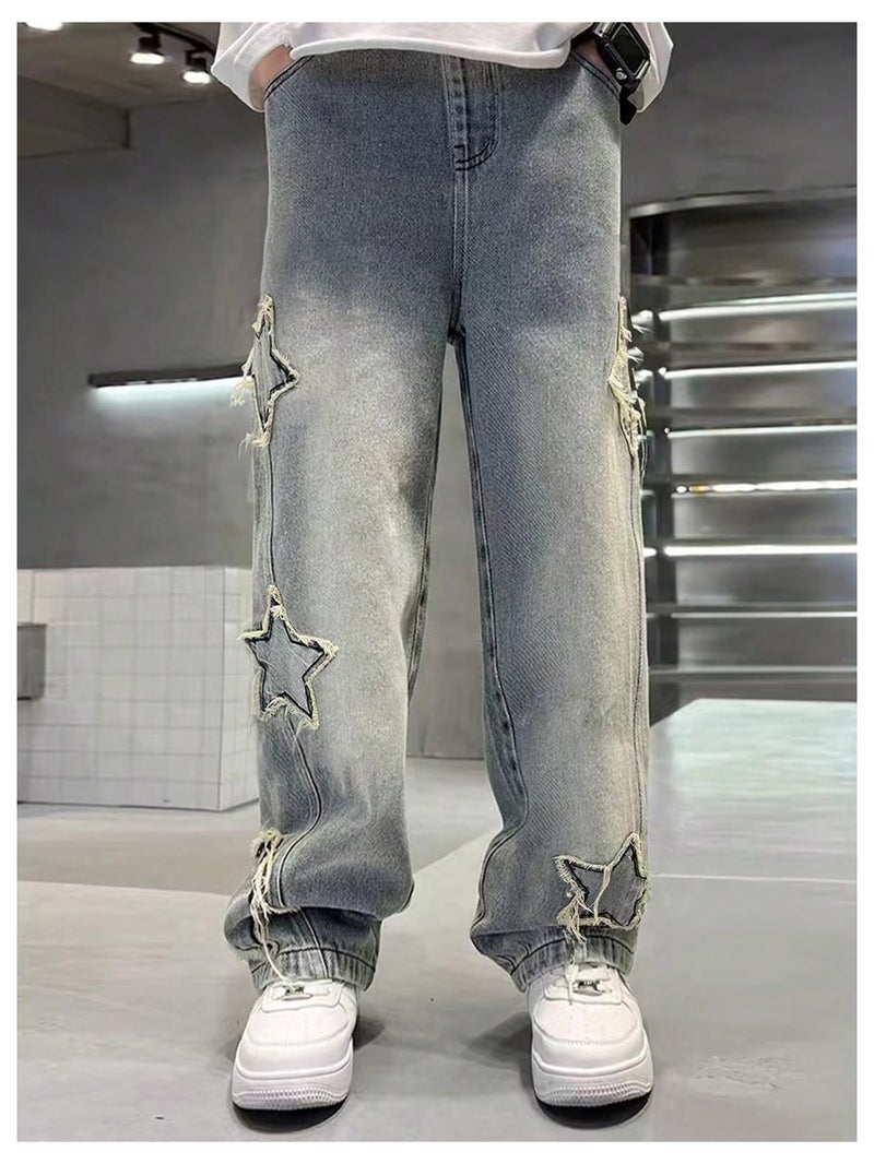 SHENHE Boy's Star Baggy Jeans Teen Boys Straight Wide Leg Denim Pants with Pockets Light Wash 12-13Y - Image 4