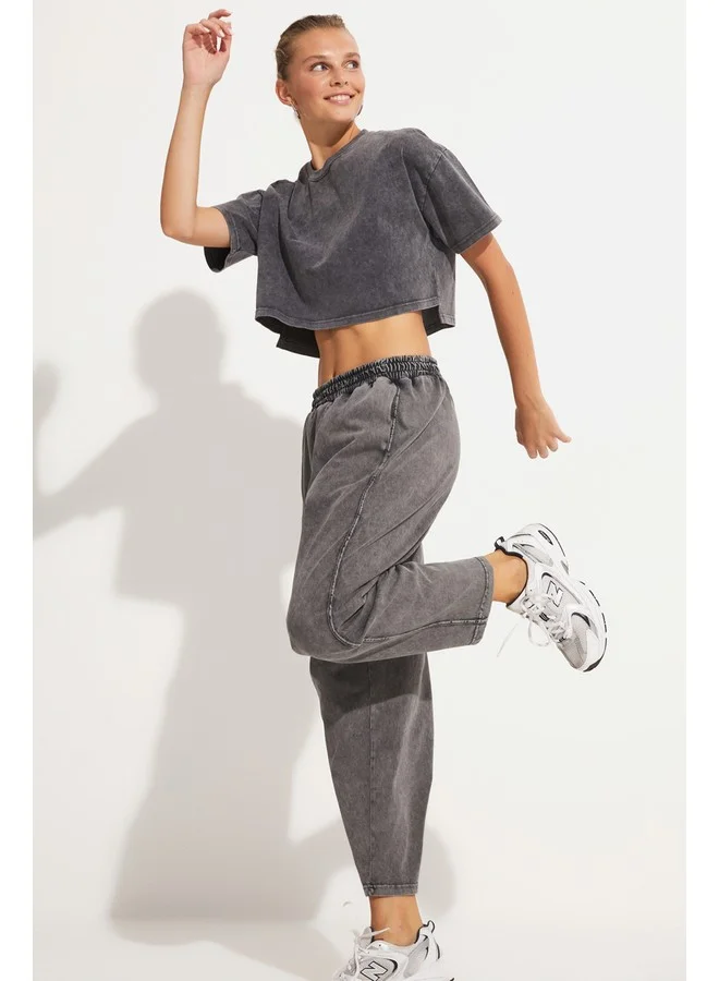 جون June Women Elastic Waist Cotton Blend Wash Woven Trouser Anthracite